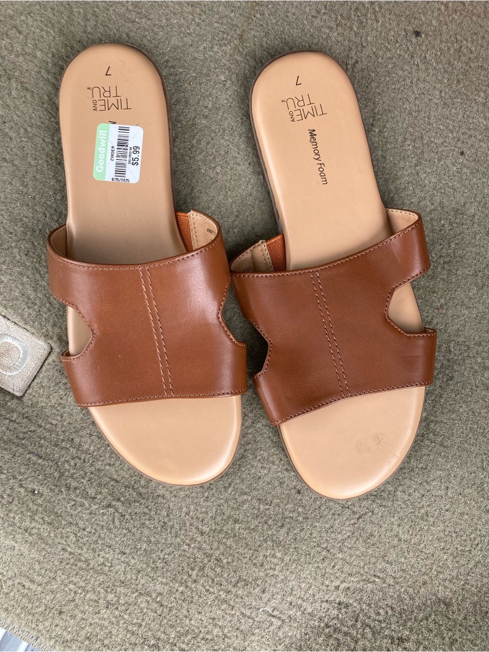 Time and Tru Tan/Brown Slide Sandals with Memory Foam